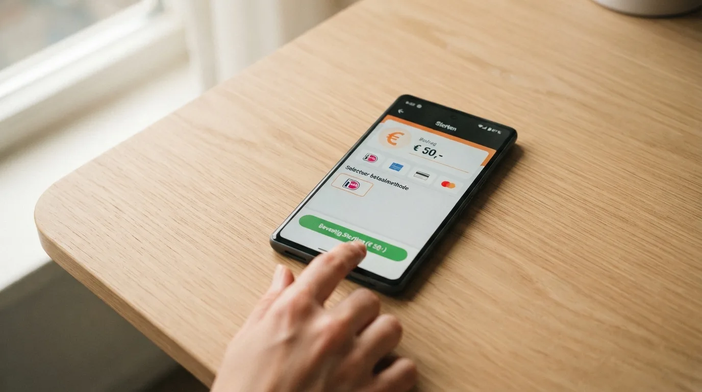 Een smartphone met daarop het stortingsscherm van een online casino waar Mastercard als betaalmethode is geselecteerd