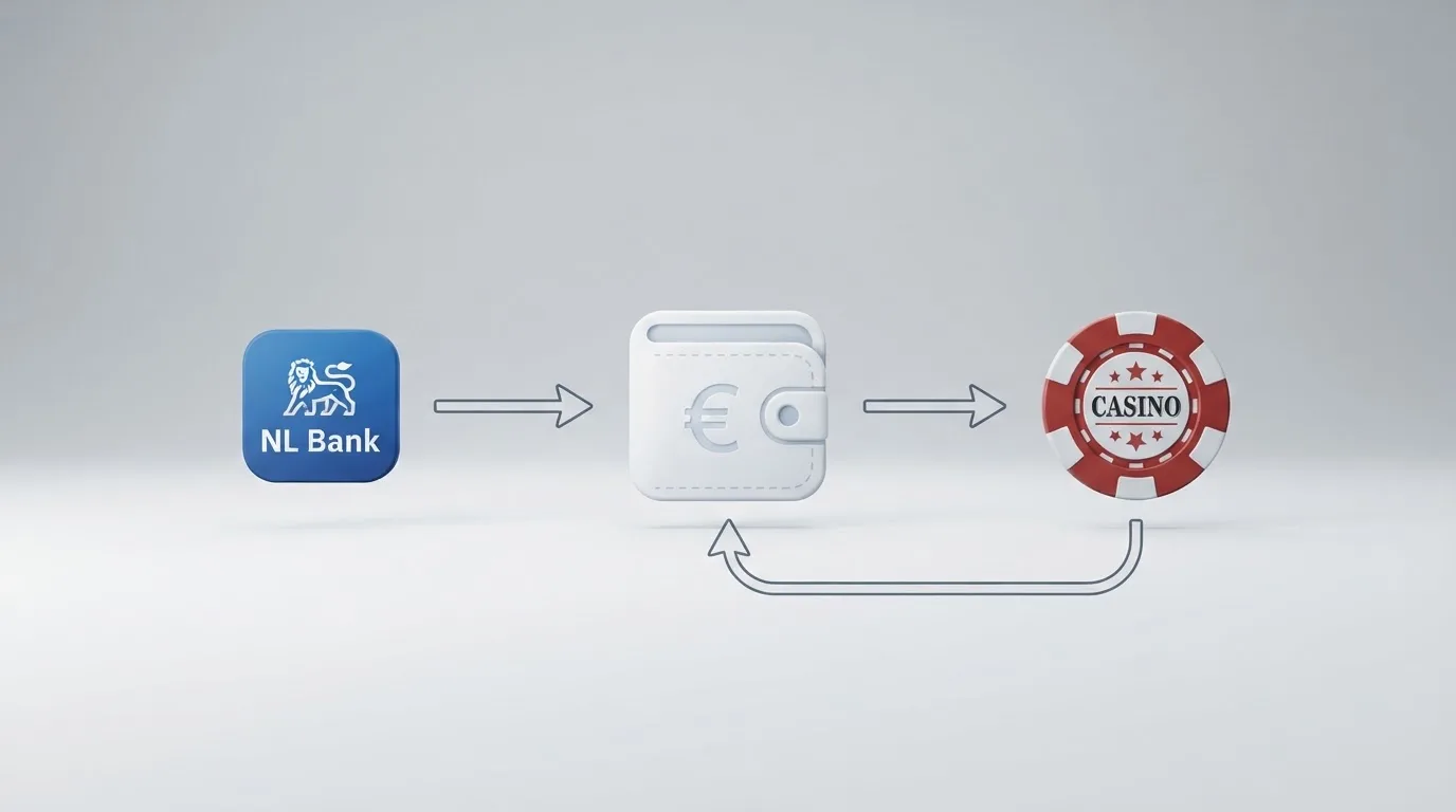 Schematisch overzicht van de geldroute: iDEAL naar MiFinity-wallet naar online casino en terug