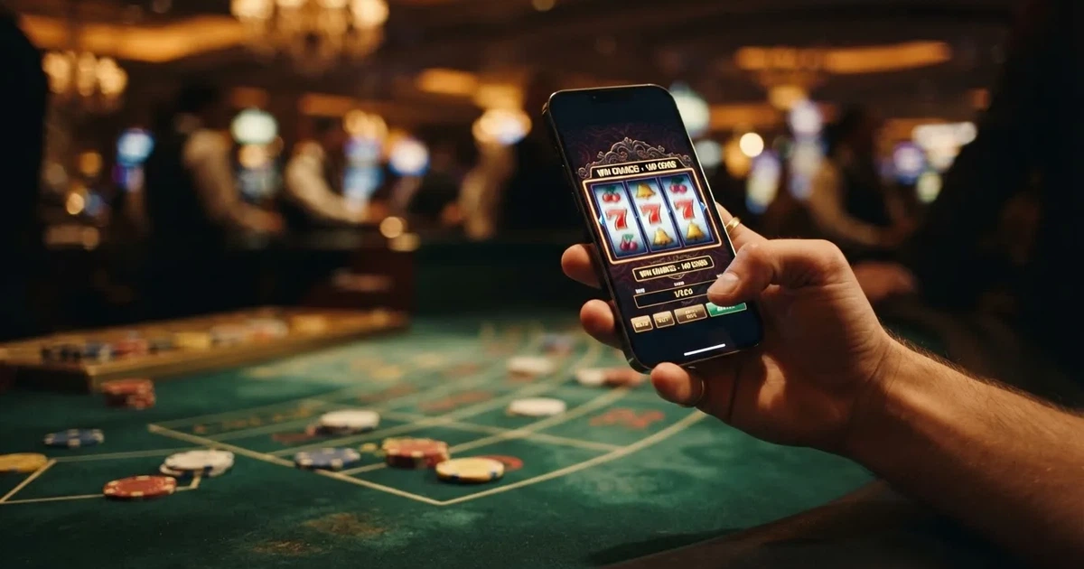 Een smartphone in een hand toont een gokkast met draaiende rollen, met op de achtergrond een casino-tafel