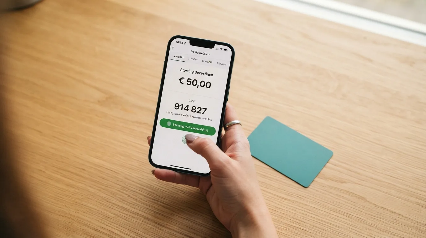 Een smartphone met de MuchBetter-app en een MuchBetter Mastercard-debitcard, met het casino-stortingsscherm op de achtergrond