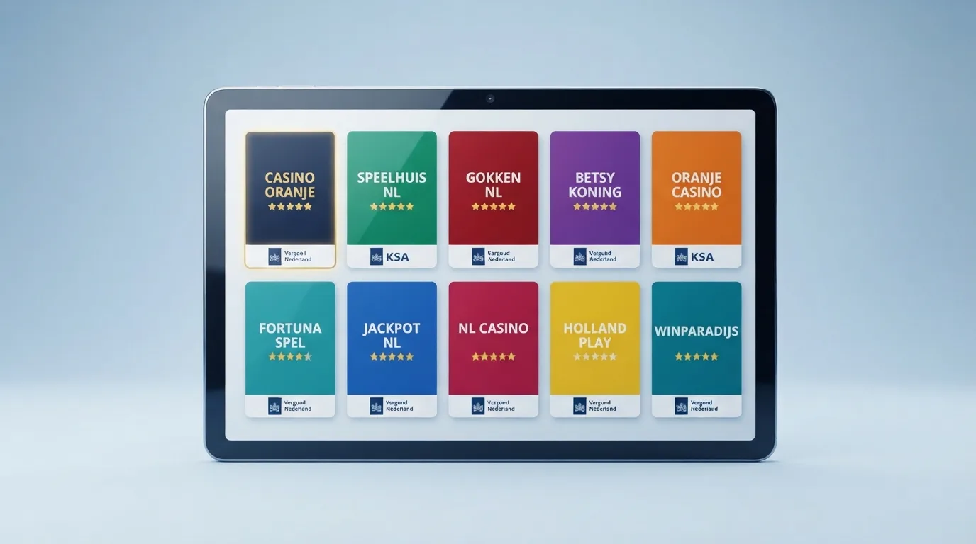 Een overzicht van de logo's van de 10 besproken Nederlandse online casino's met hun Ksa-licentiegegevens