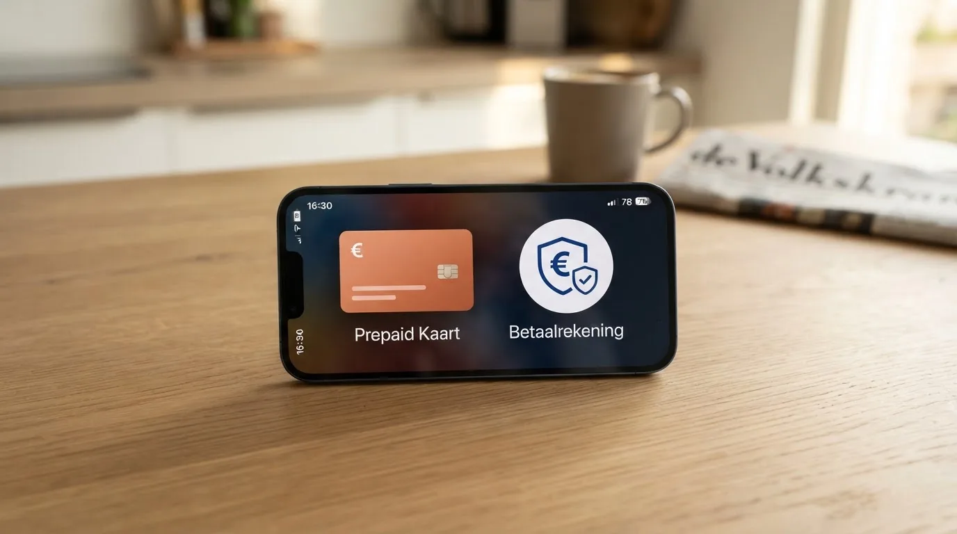 Een Neosurf-voucher naast het iDEAL-logo op het scherm van een smartphone