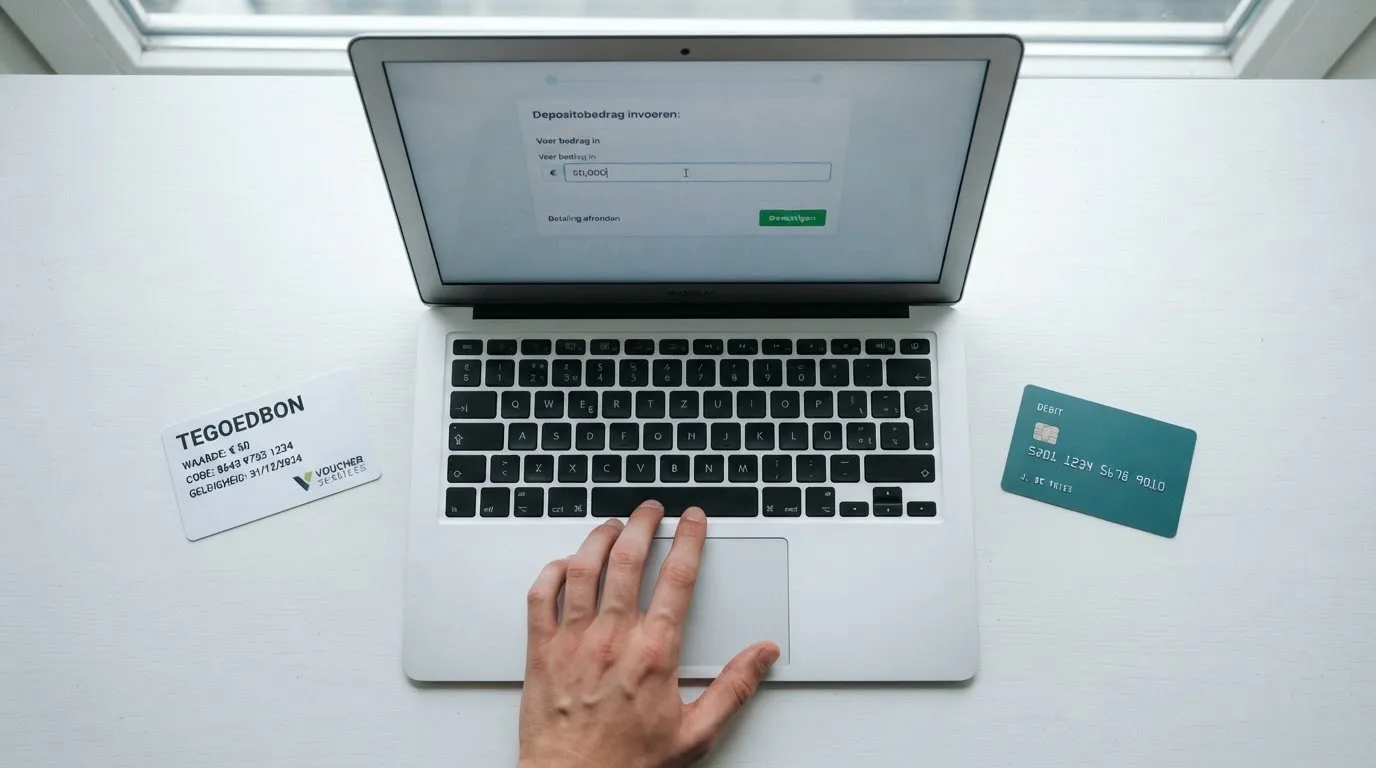 Invoerscherm van een online casino met een Neosurf-voucher en een bankpas ernaast