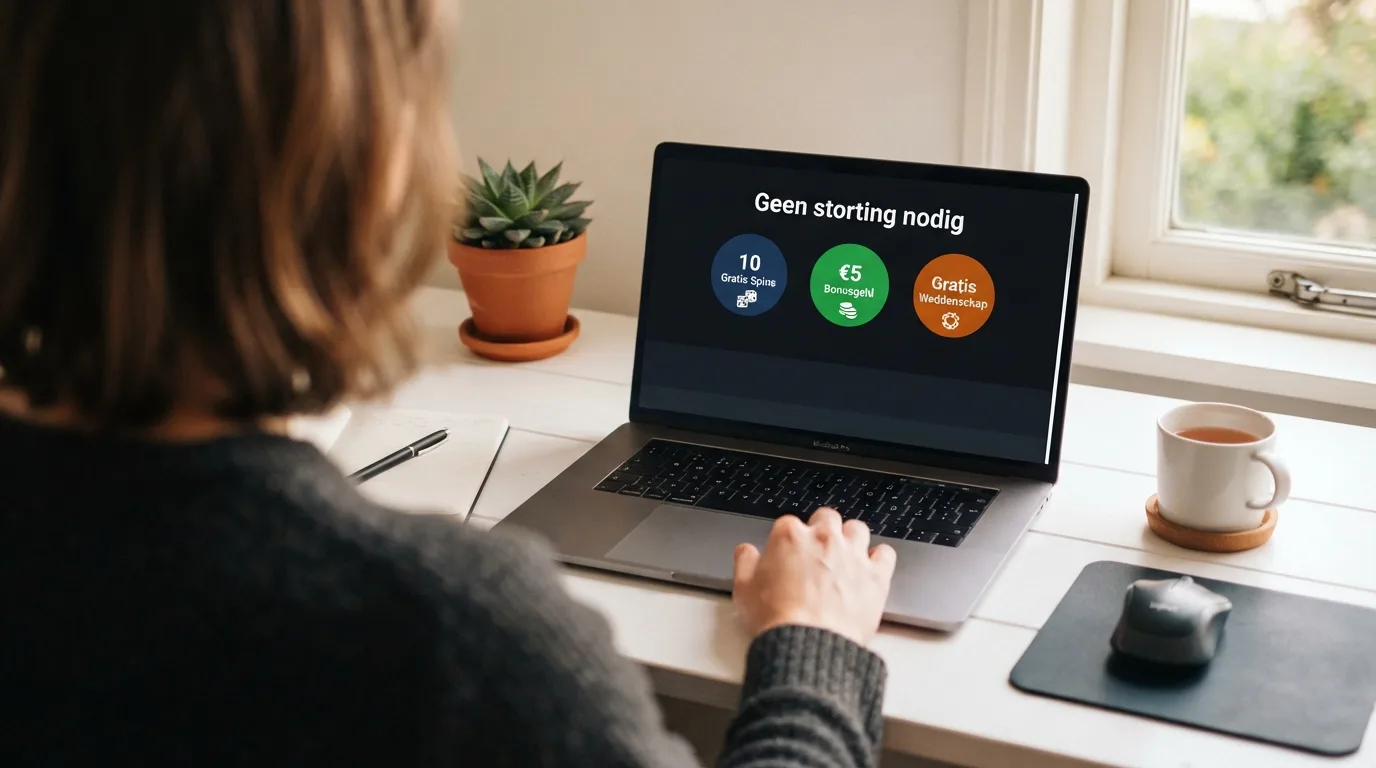 Een Nederlandse speler die op een laptop een casinopagina bekijkt met de tekst “geen storting nodig” en daaronder drie casino-logo's — de rest van het scherm is leeg.