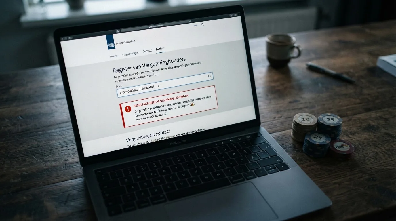Een schermafbeelding van de Kansspelwijzer-zoekpagina met een ingetypt casino-naam en het resultaat 'geen vergunning gevonden' naast een rood waarschuwingsteken.