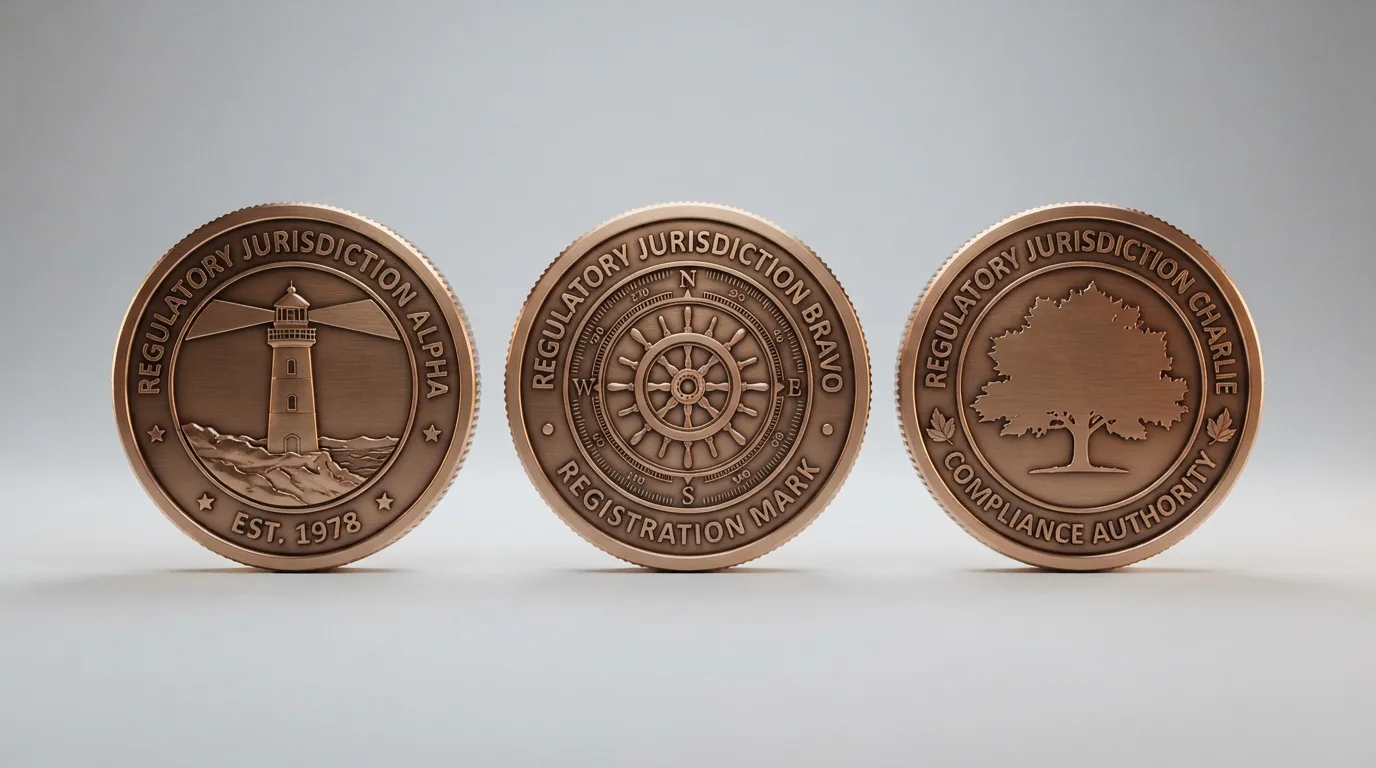 Drie documentachtige tegels met de logo's of zegels van de Curaçao Gaming Authority, de Anjouan Gaming Commission en de Kahnawàke Gaming Commission naast elkaar