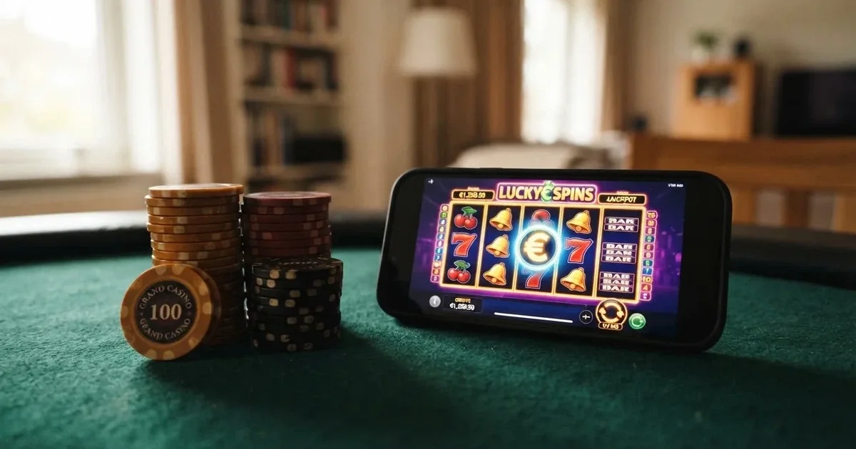 Spelchips en een smartphone met een online casino op het scherm