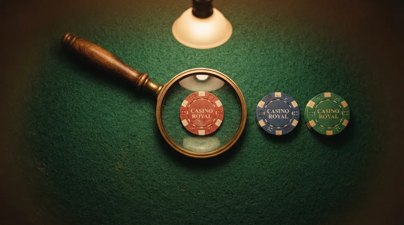 Een overzichtelijke rij van tien Nederlandse casino-logo's op een rij, met een vergrootglas boven de middelste