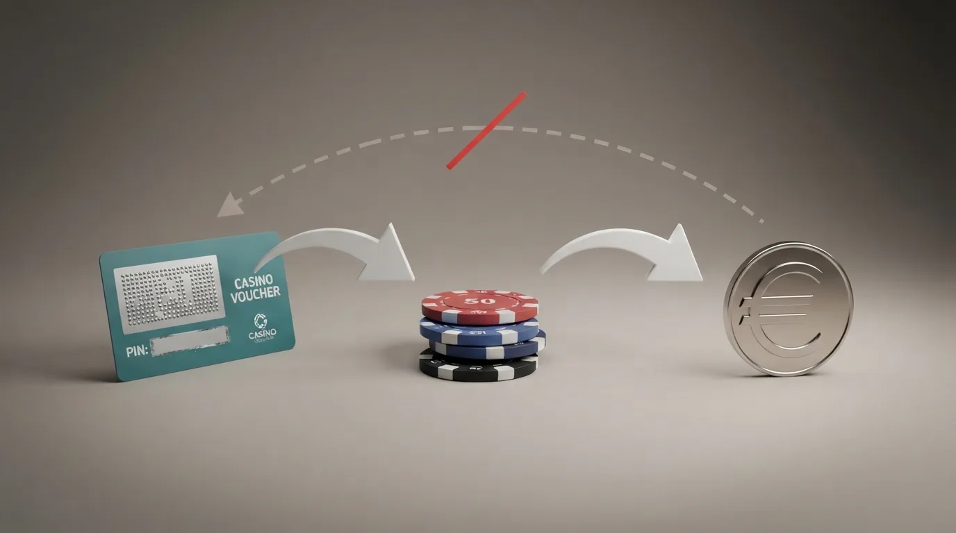 Een stroomdiagram-achtige weergave: paysafecard-voucher → casino-storting → winst → bankoverschrijving, met een kruis door de teruggaande pijl naar paysafecard.