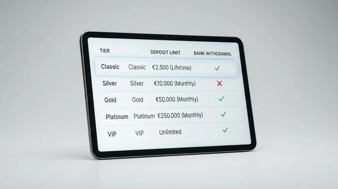 Scherm met vijf accountniveaus en oplopende stortingslimieten in een tabel
