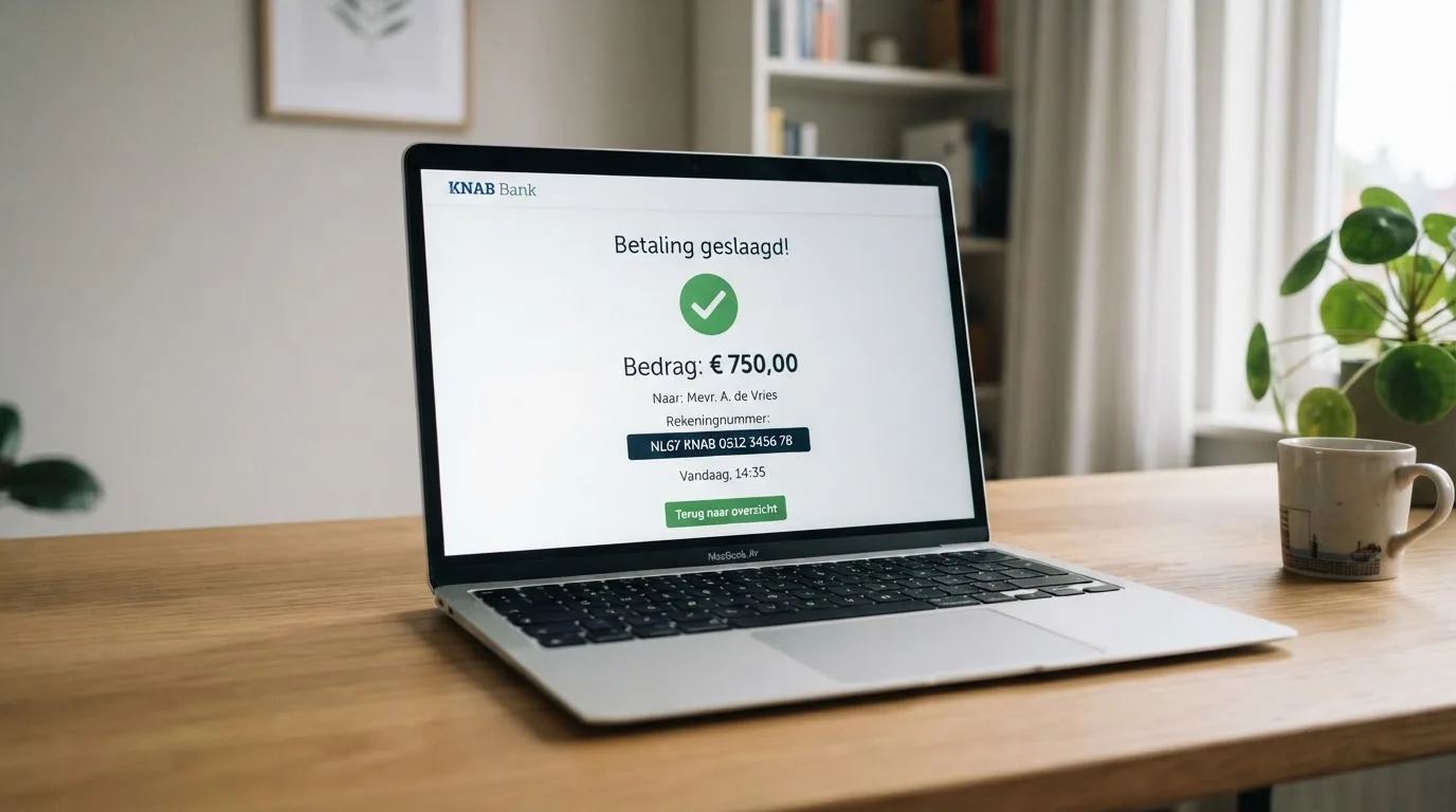 Een overboekingsformulier met IBAN-velden en een bevestiging dat de Instant Payment is uitgevoerd