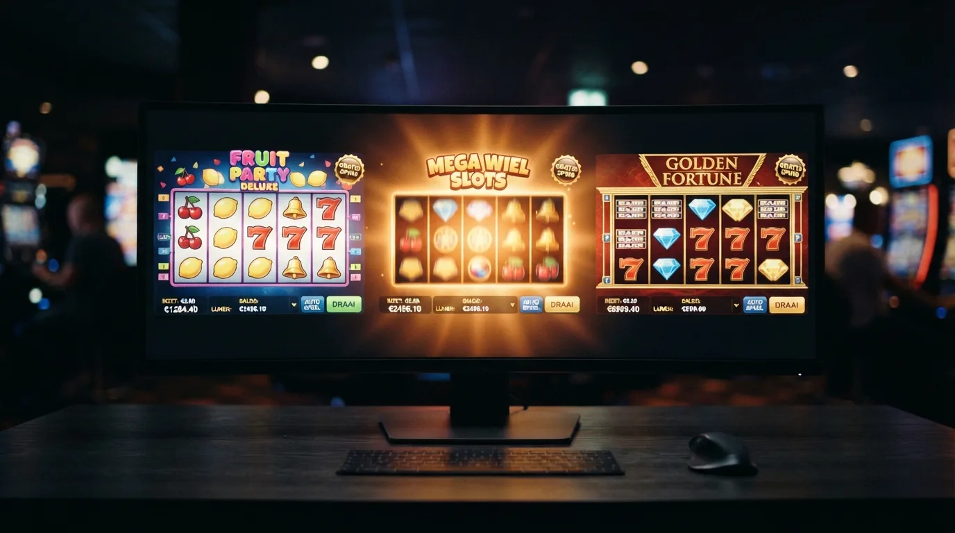 Een scherm met drie verschillende slot-spellen naast elkaar — elk met het label 'GRATIS SPINS' in beeld — waarbij één slot helderder oplicht dan de andere.