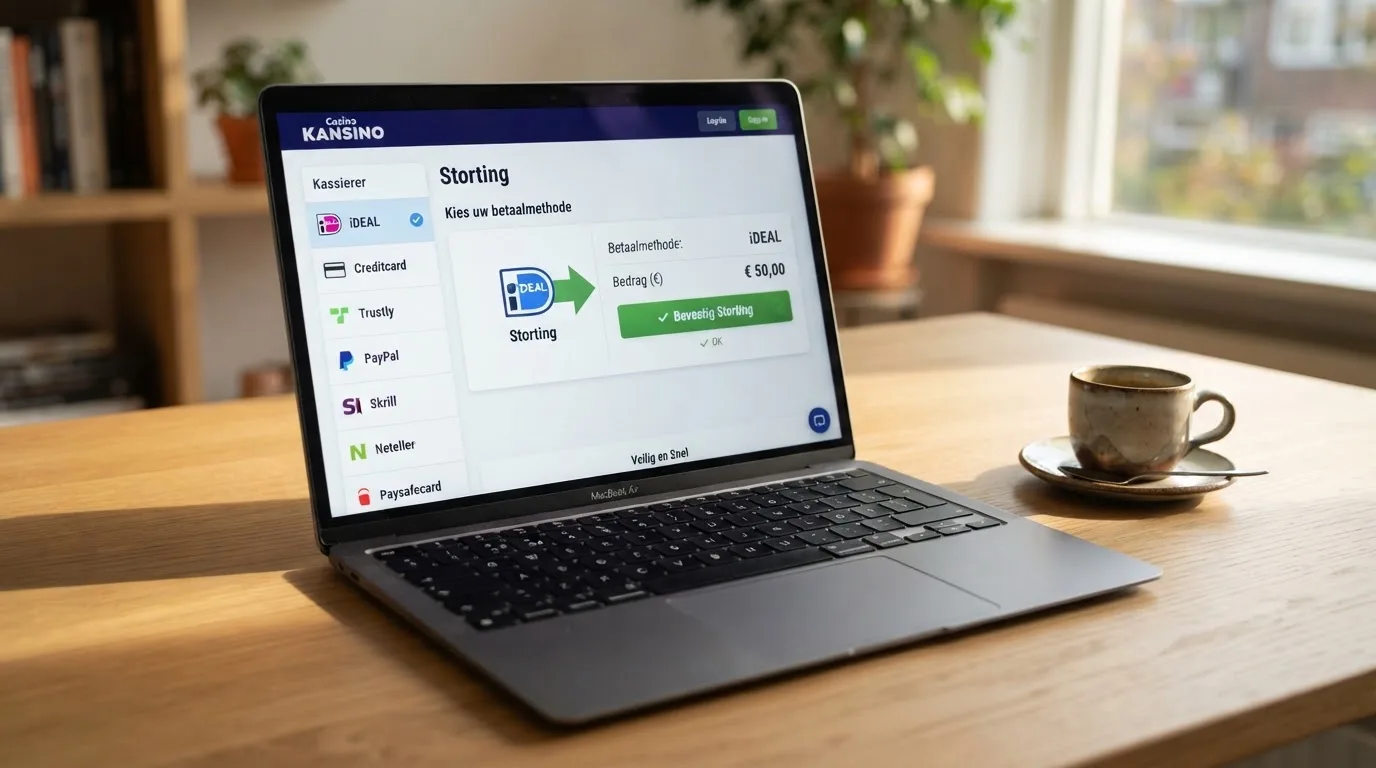 Een computerscherm met een casinokassa waarop AstroPay als geselecteerde betaalmethode zichtbaar is, met een pijl die een storting symboliseert