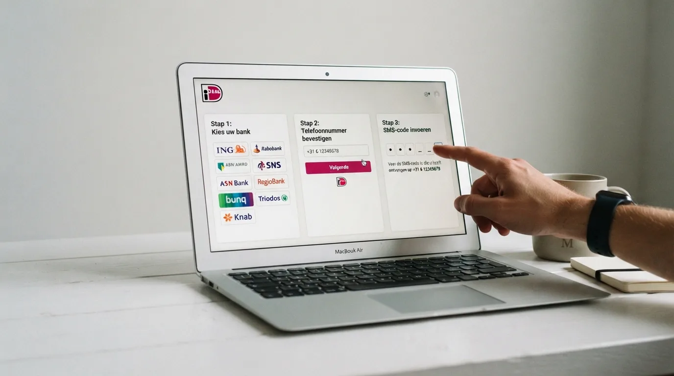 De stappen van een iDEAL-betaling: bank kiezen, telefoonnummer koppelen en een sms-code invoeren
