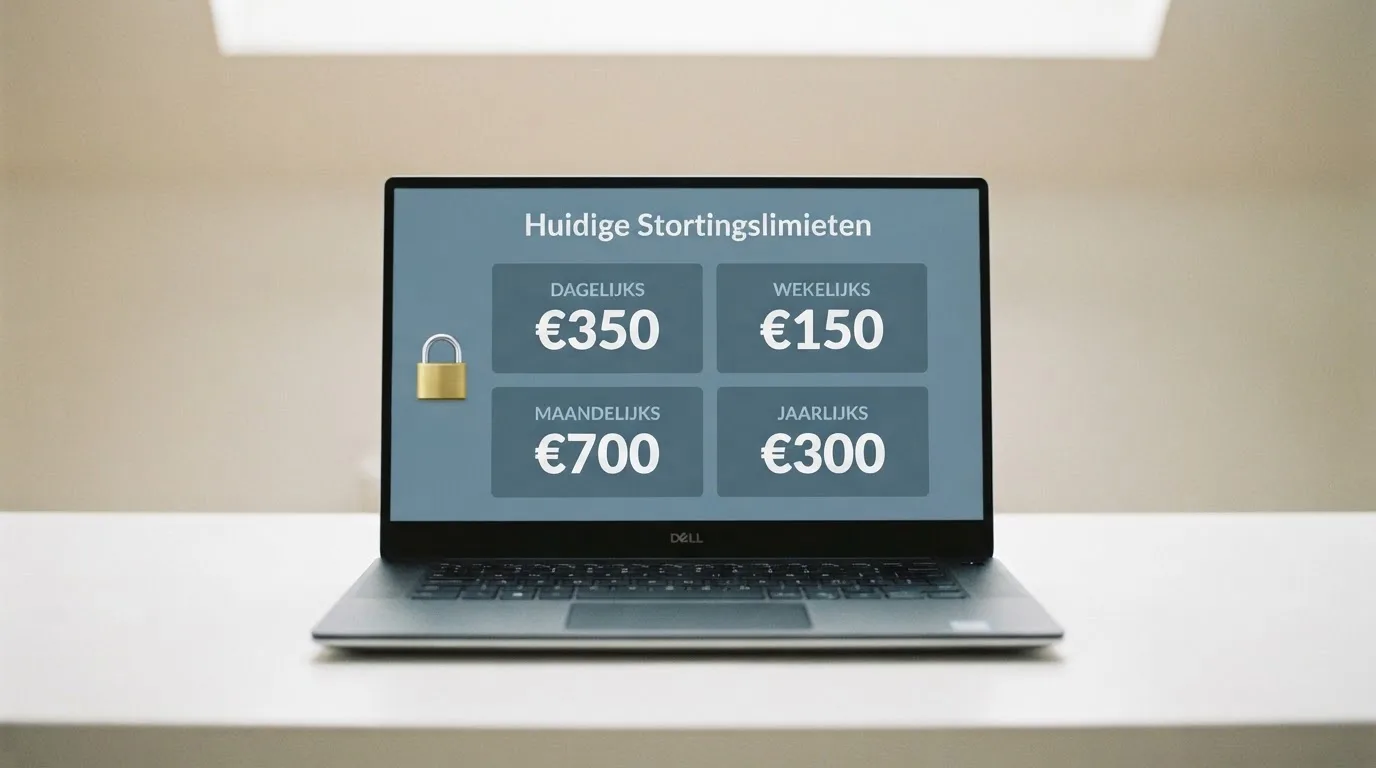 Een scherm met de stortingslimiet-waarden €350, €150, €700 en €300, met een slot-symbool
