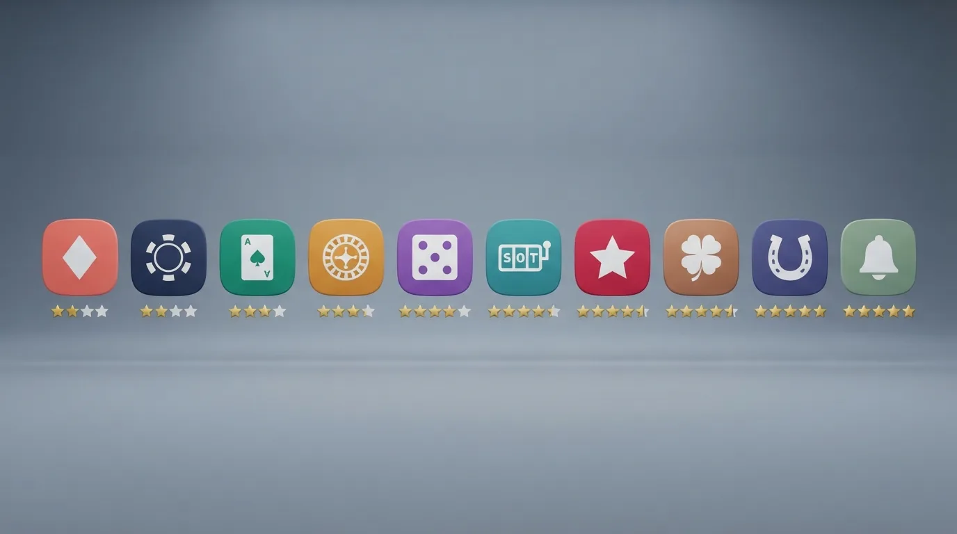 Tien casino-app-iconen met App Store-sterren eronder op een rij