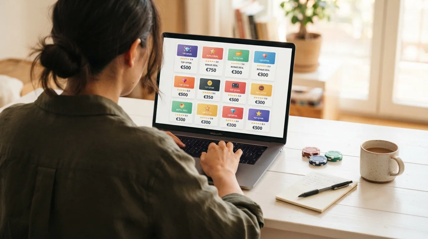 Een overzichtelijke vergelijkingstabel met casino-logo's, bonusbedragen en sterbeoordelingen op een laptopscherm