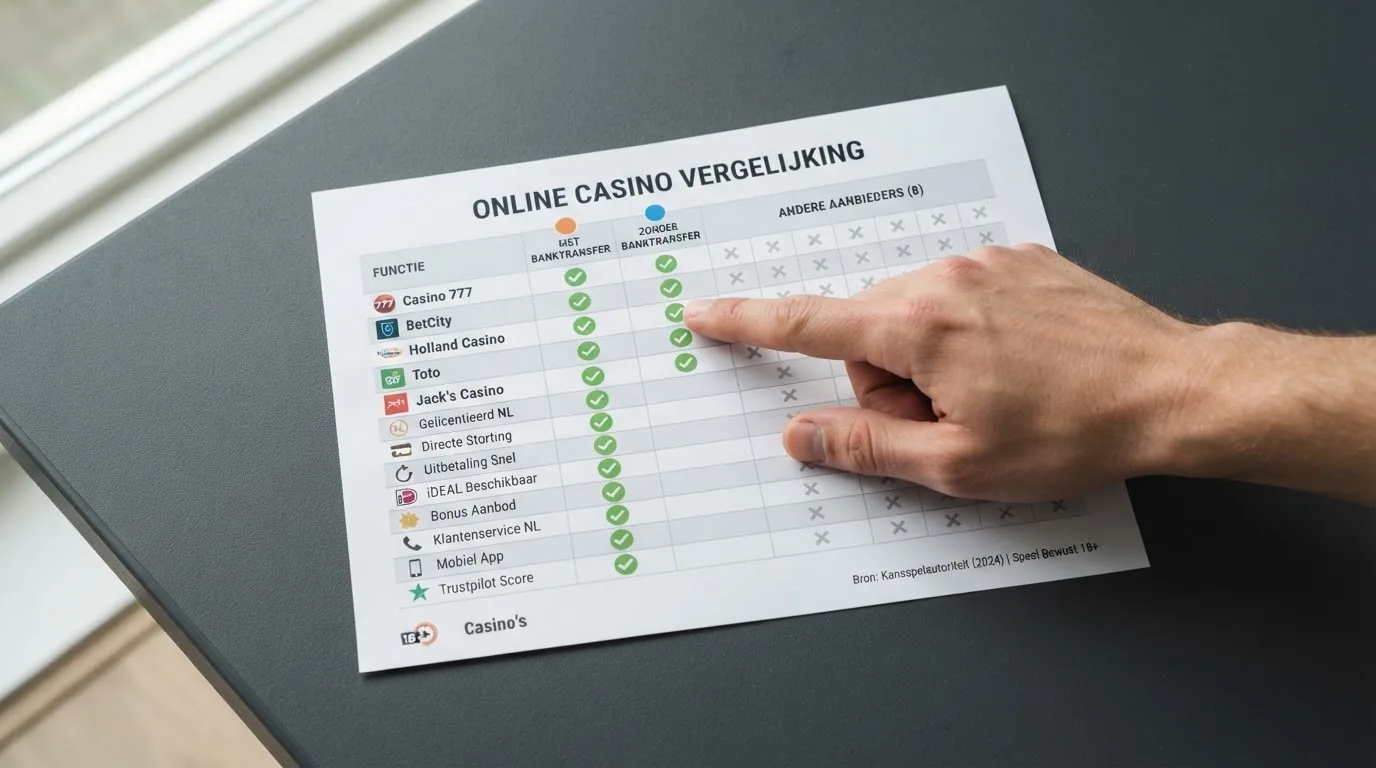 Een overzichtelijke vergelijkingstabel met logo's van BetCity en LeoVegas naast casino's zonder bankoverschrijving, met kolommen voor stortmethode en bonus