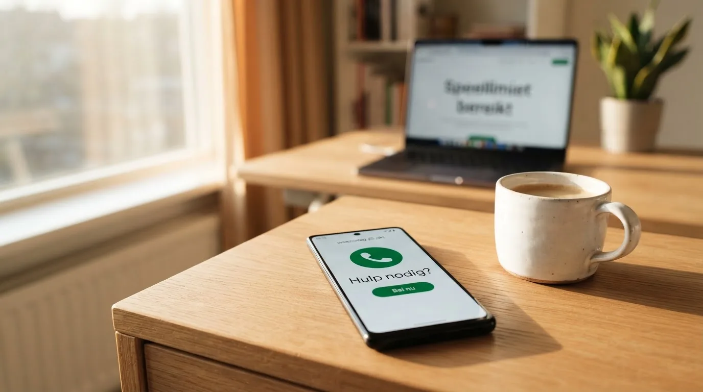 Een telefoon met daarop het OpenOverGokken-logo naast een kop koffie, met op de achtergrond vaag een computerscherm waarop 'Speellimiet bereikt' staat.
