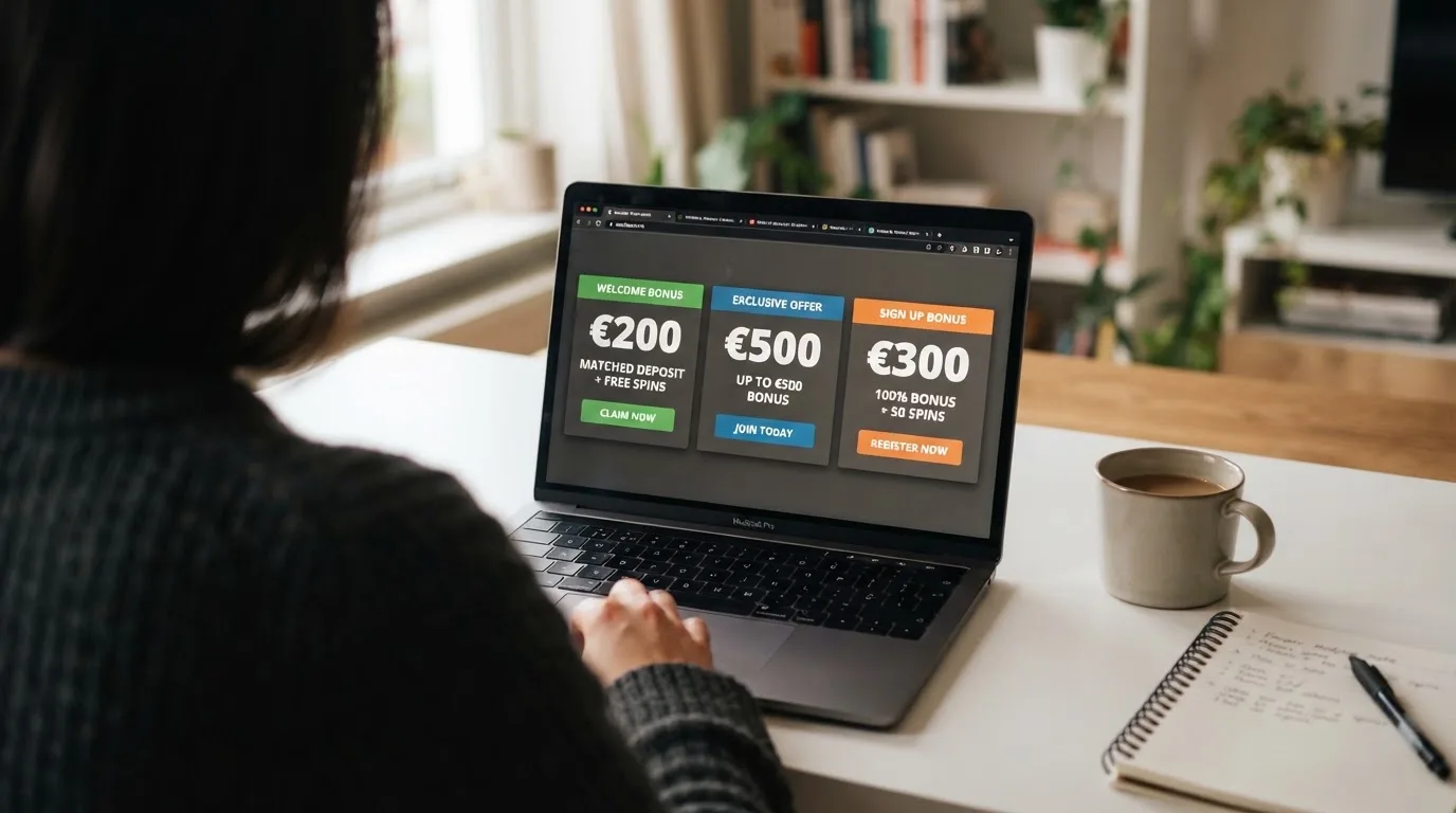 Drie casino-websites naast elkaar op een scherm, elk met een uitgelichte welkomstbonus