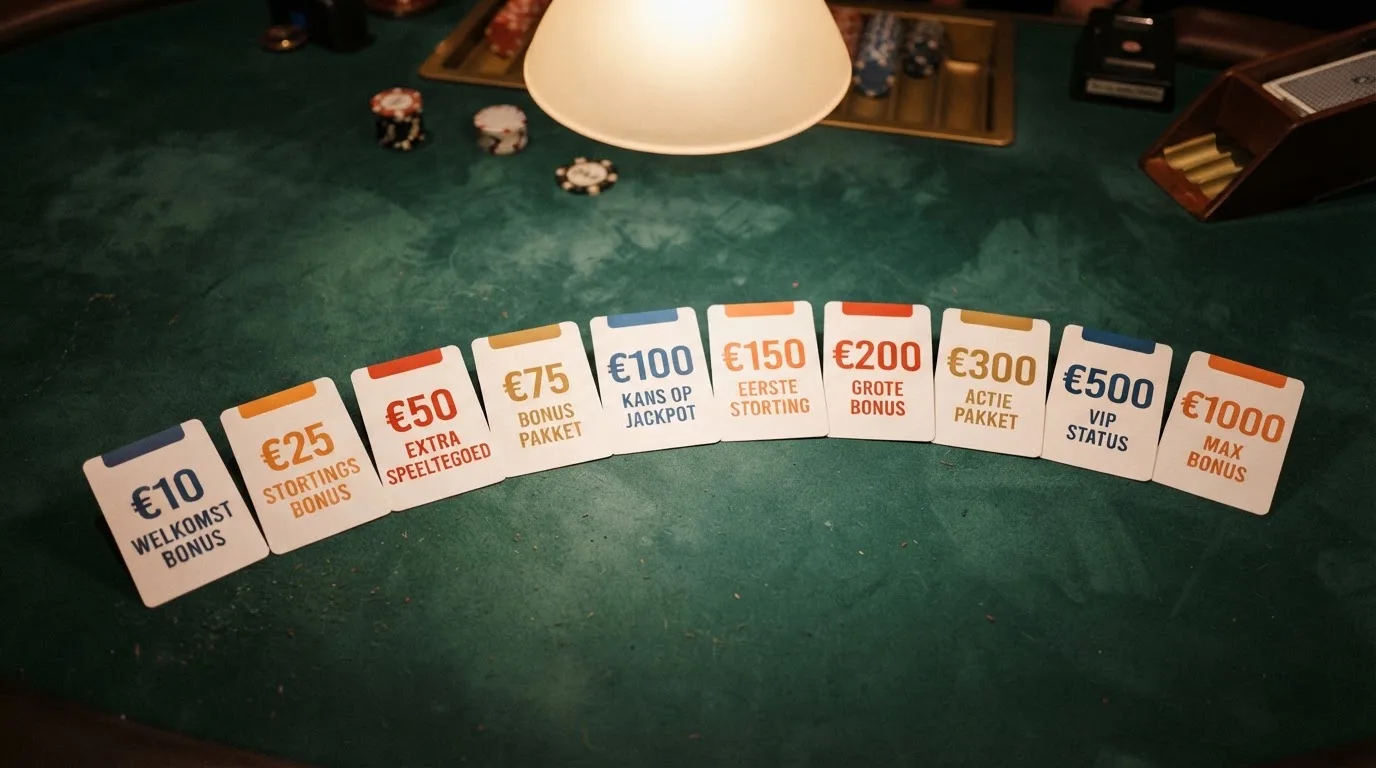 Een rij welkomstbonuskaarten van tien Nederlandse online casino's