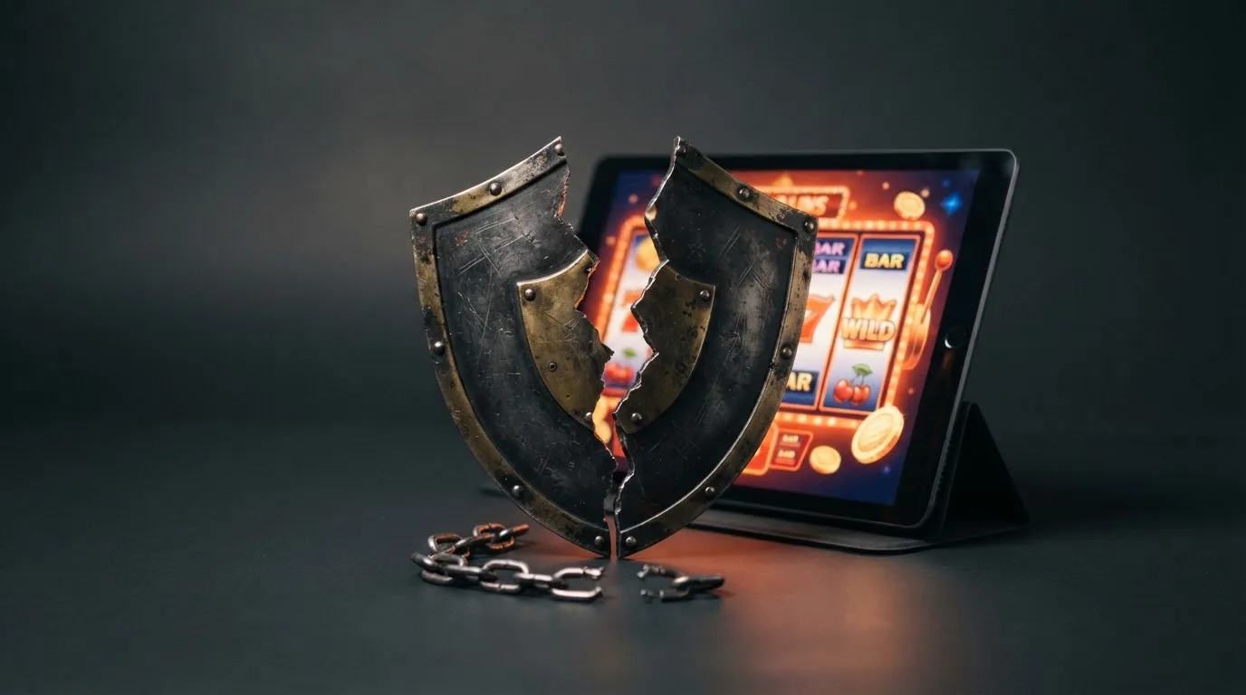 Een gebroken schild met het Nederlandse wapen, op de voorgrond een afgebroken ketting — symbool voor bescherming die wegvalt — met op de achtergrond een casino-interface.