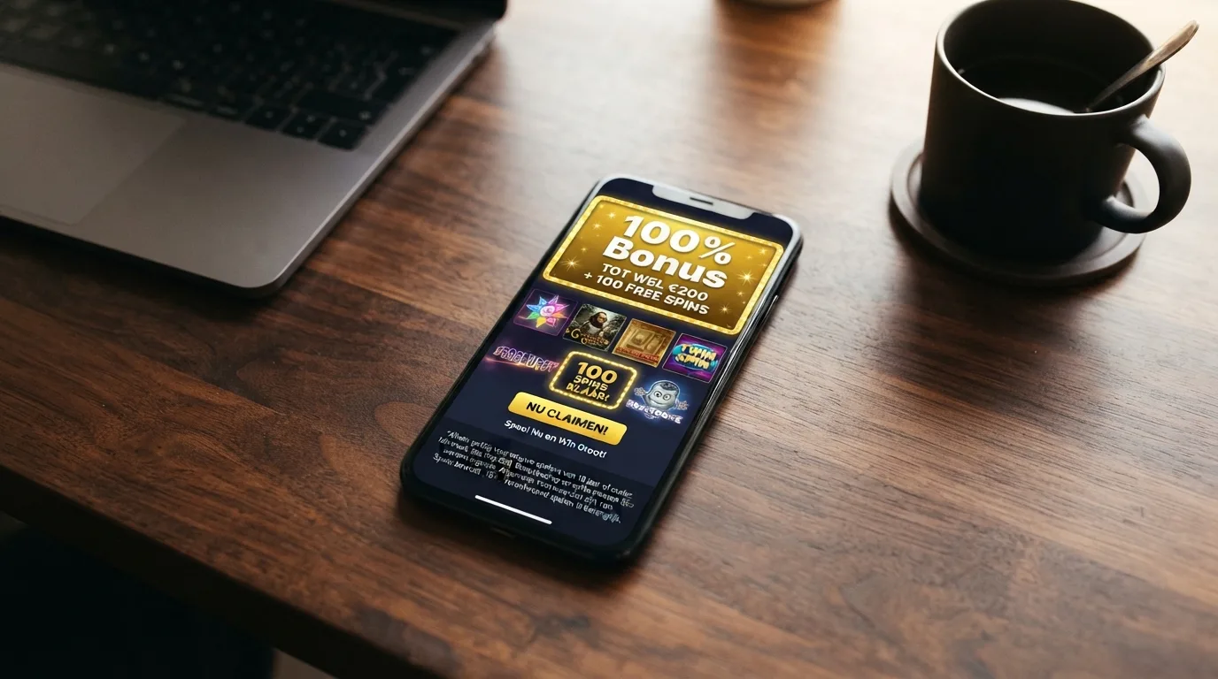 Bonuspagina van een casino-app met free spins en de kleine lettertjes van de voorwaarden